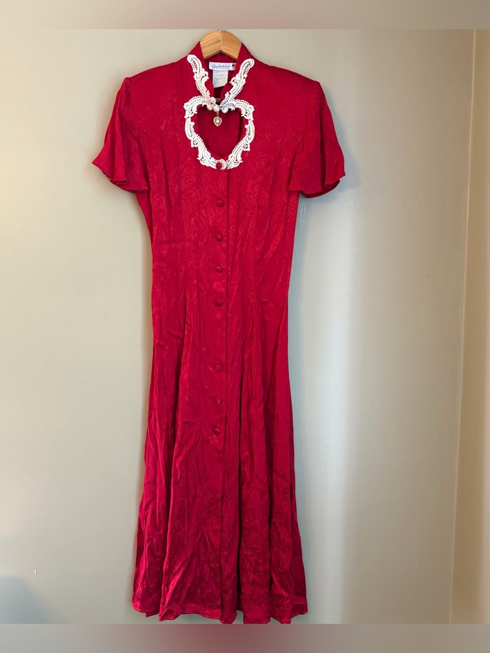 Vtg Fredericks of Hollywood Dress Red Satin Floral Heart Choker Corset 7/8 80’s